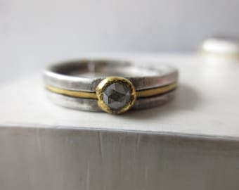 Damenring schmal mit Rosenschliff Diamant Verlobungsring Silber Gold handgefertigt rustikal