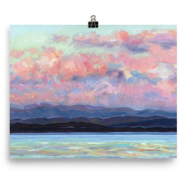 Lake Champlain, Fine Art Print, Green Mountains, Burlington, Vermont, from oil painting, by Pamela Parsons, Mountain, lake, cloud painting