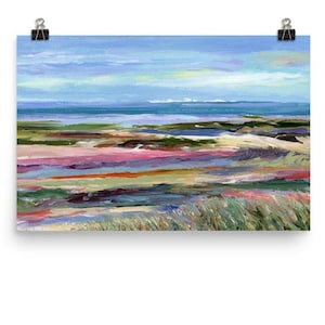 May include: Abstract painting of a seascape with a blue sky, green water, and a sandy beach with colorful layers of paint. The painting has a soft, impressionistic style.