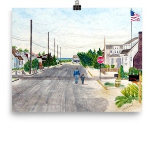 Long Beach Island Art Print, A Walk with Grandpop, from watercolor painting, by Pamela Parsons. gift for father or grandfather. LBI Print.