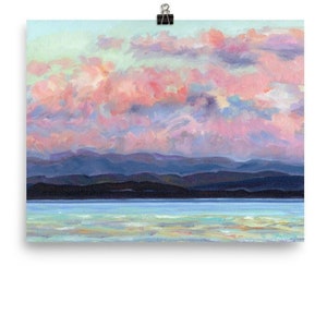 Lake Champlain Print, Green Mountains, Burlington, Vermont, from impressionist oil painting, by Pamela Parsons, Mountain, lake, cloudscape.