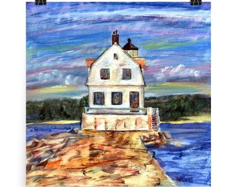 Maine Lighthouse Painting, Rockland Harbor Breakwater Light, Fine Art Print, mixed media monotype, by Pamela Parsons, Lighthouse Art Print