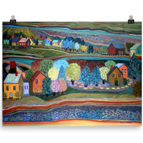 Pennsylvania Impressionist Landscape, Art Print, inspired by the towns along the Delaware River, by Pamela Parsons, colorful rural landscape