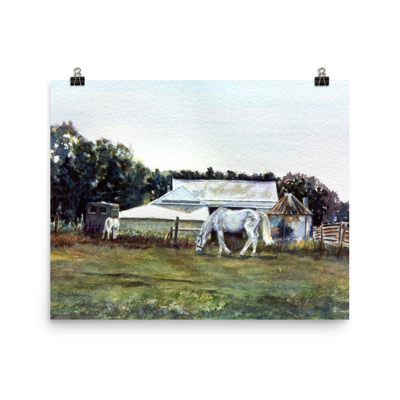 watercolor painting by Pamela Parsons Bucks County Farm painting horse painting Art Print Pennsylvania landscape painting White Horses