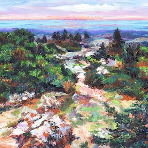 Maine Oil Painting. Sunrise Hike, Cadillac Mountain, Acadia National Park painting, Maine. Original oil on panel painting, Pamela Parsons.