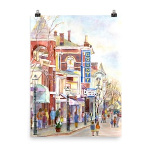 Doylestown Print. Matinee at the County Theatre, Bucks County, PA. Fine Art Print. from watercolor painting, by Pamela Parsons. Street scene