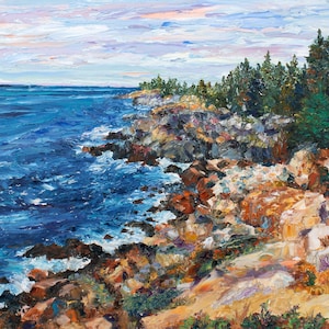 May include: An oil painting depicts a coastal scene with a rocky shoreline and the ocean. The water is a deep blue, with white waves crashing against the rocks. The sky is a mix of blue, pink, and white. Green trees are on the right side of the painting.