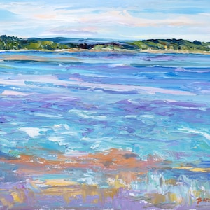 May include: An impressionistic painting of a seascape. The artwork features a vibrant palette of blues, purples, and oranges, depicting the ocean and sky. The brushstrokes create a textured effect, with a distant shoreline and a cloudy sky.