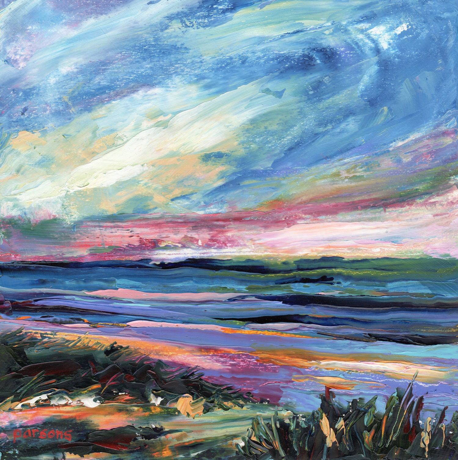 Ocean City Painting, Sunset, Ocean City, Jersey Shore. Original painting, oil on cradled birch panel, by Pamela Parsons, Ocean City Art.