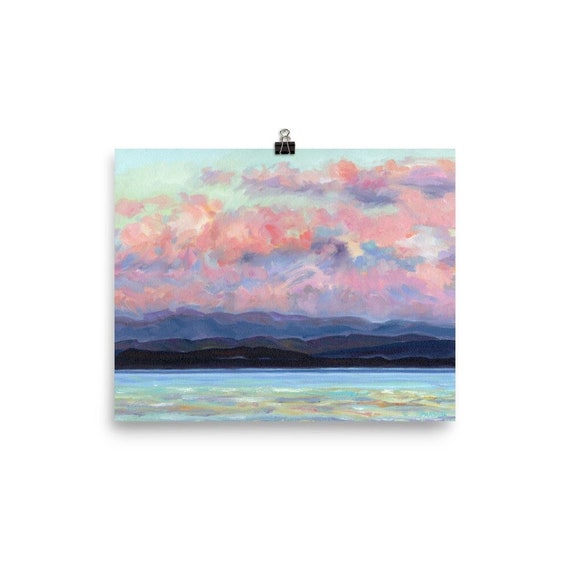 Lake Champlain Print, Green Mountains, Burlington, Vermont, from impressionist oil painting, by Pamela Parsons, Mountain, lake, cloudscape.