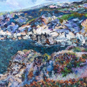 Big Sur Painting. Cliffs and Flowers, Big Sur, California Coast, original painting, oil on panel, by Pamela Parsons. California Painting.