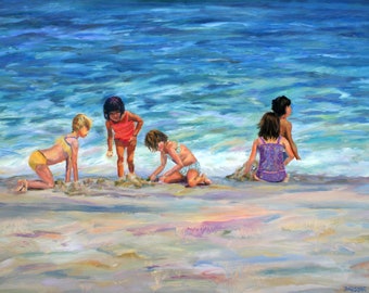 Beach Kids. Long Beach Island Painting, Jersey Shore, original oil painting, by Pamela Parsons, children playing on the beach, LBI gift.