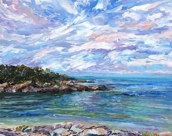 Gloucester Cove, Cape Ann, impressionist oil on panel painting, by Pamela Parsons, Massachusetts coast, original palette knife painting.