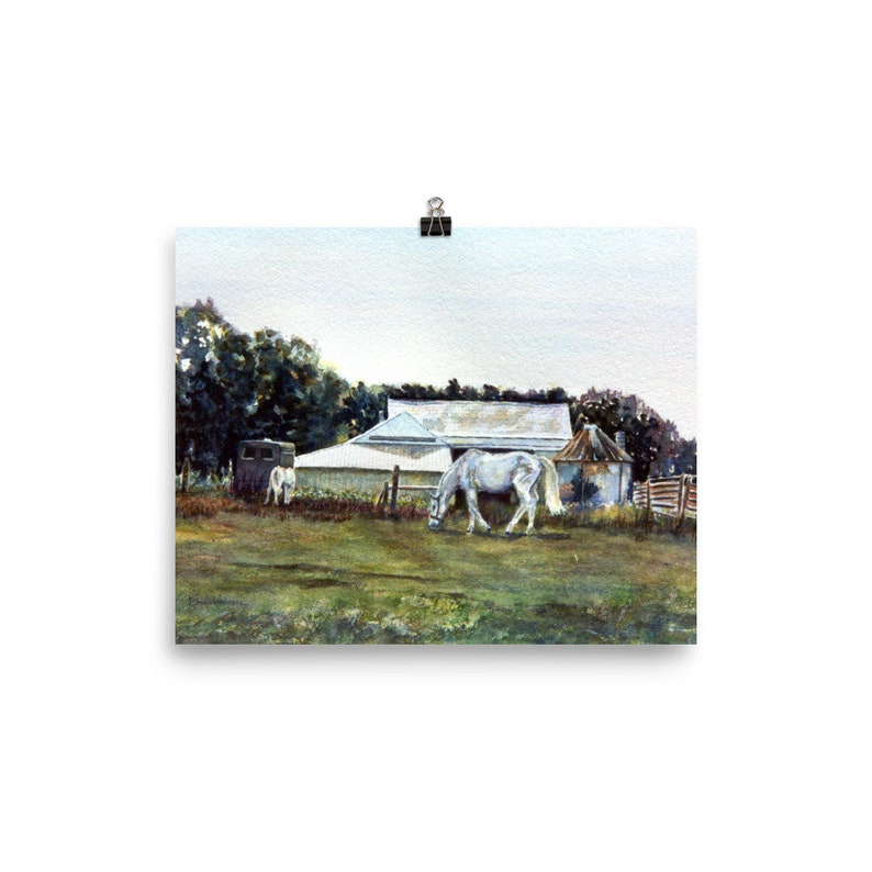 watercolor painting by Pamela Parsons Bucks County Farm painting horse painting Art Print Pennsylvania landscape painting White Horses