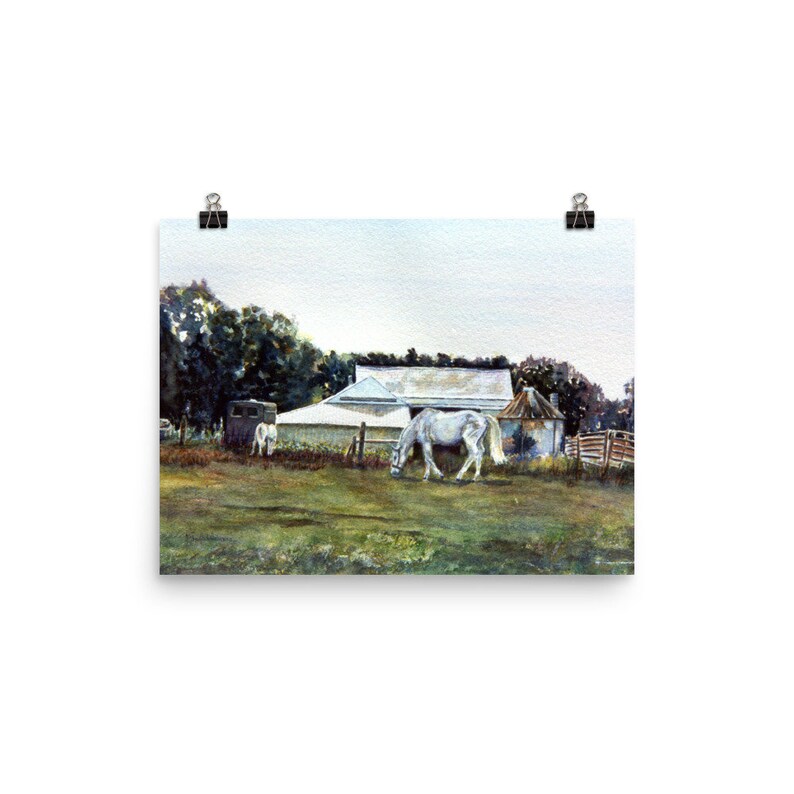 watercolor painting by Pamela Parsons Bucks County Farm painting horse painting Art Print Pennsylvania landscape painting White Horses