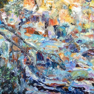 May include: An abstract landscape painting with a textured, impressionistic style. The artwork features a blend of colors including blues, oranges, and greens, depicting a natural scene with a waterfall and rocky terrain. The brushstrokes create a sense of depth and movement.