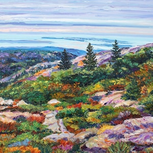 May include: An oil painting depicts a vibrant landscape with a view of a distant body of water under a cloudy sky. The foreground features colorful foliage, rocks, and a path. Three evergreen trees stand out against the rolling hills.