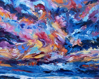 Dragon Sky, original oil painting.  Colorful beach painting. Abstract seascape. by Pamela Parsons. Ocean City Painting, Ocean City sunset.