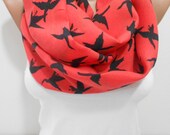 Bird Print Scarf, Infinity Red Scarf, So Soft Cotton Scarf, Loop Scarf, Woman Circle Scarf, Women Fashion Accessories Neck Warmer, ScarfClub