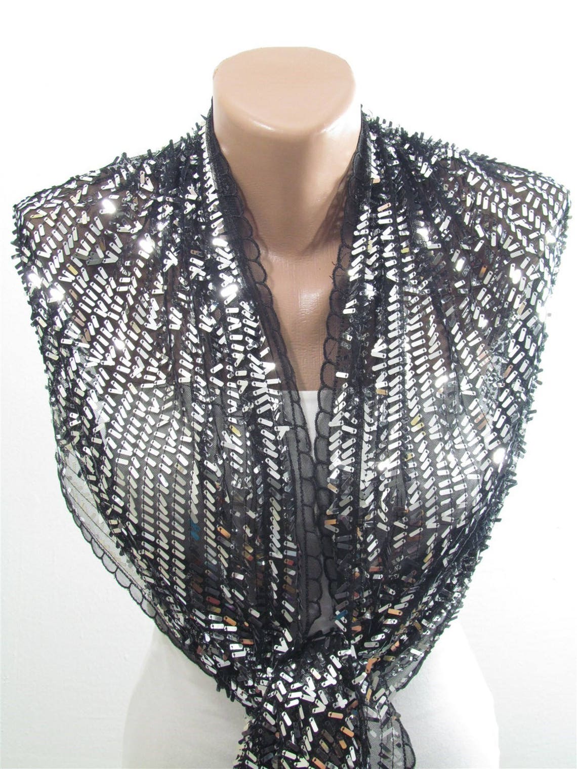 Sparkle Scarf Women Silver Sequined Black Scarf Shawl Metallic Etsy