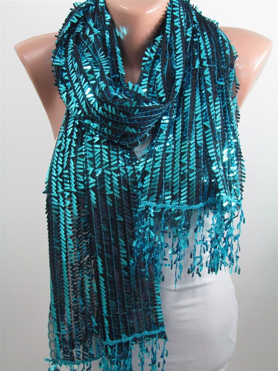 Black Heart Sequins Scarf Shawl Wrap Birthday Present Christmas Gift Ladies New