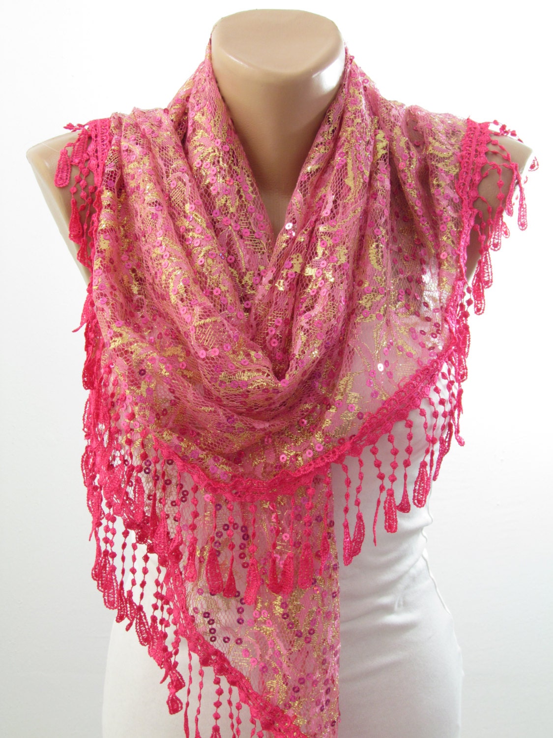 Hot Pink Scarf Lace Scarf Shawl Golden Shimmer Scarf Sequin Etsy