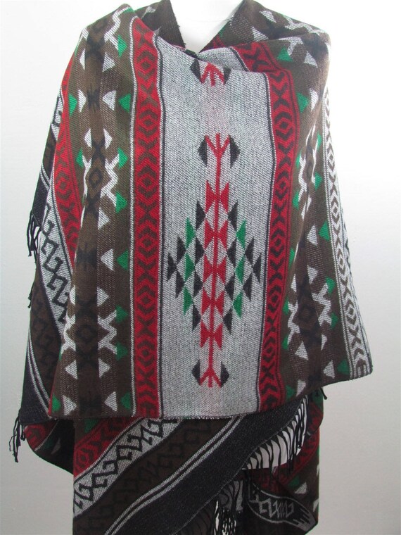 Poncho Scarf Outdoor Gift Red Green Poncho Scarf Shawl Tribal