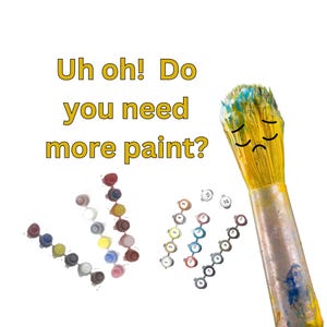 May include: A paintbrush with a sad face, surrounded by small paint pots with numbers on them. The text "Uh oh! Do you need more paint?" is written above the paintbrush.