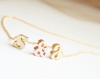 Lowercase Letter Necklace, His And Her Initials, Bridesmaid Gift, Wedding Jewelry, Ampersand, Heart, Personalization, Holiday Gift