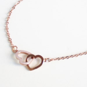 Double Heart Necklace, ROSE GOLD FILLED Chain, Gold/Silver Connected Hearts, Wedding, Bridesmaids