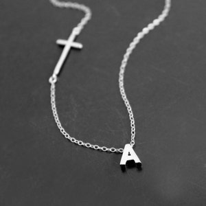 Sideways Cross With Initial Necklace, 14K Gold Filled Chain Necklace, Off Center Cross Necklace, Bridesmaid Gift, Wedding