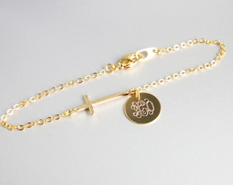 Monogram Disc With A Sideways Cross Bracelet, Custom Engraving, Greek, Roman Numerals, Monogram Bracelet, Initials, Personalized Bracelet