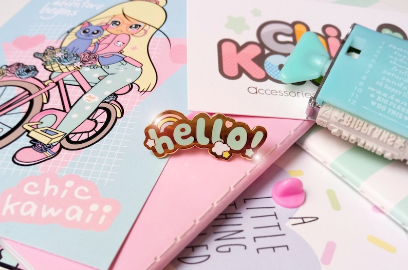 enamel pin rainbow hello by chic kawaii