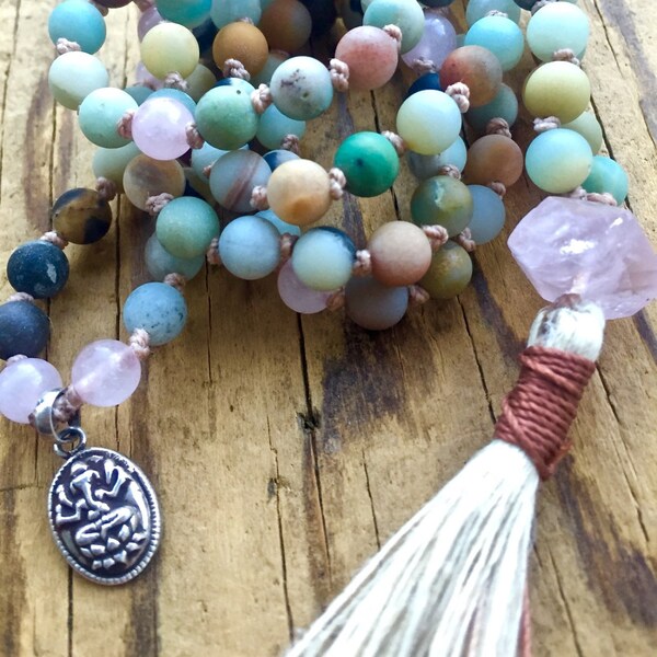 Rose Quartz Necklace Amazonite Tassel Necklace Boho Jewelry Japa Mala  Lotus Charm Spiritual Gift