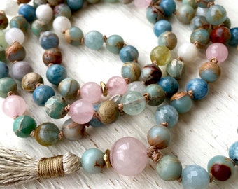 Heal Trauma Mala ,African Opal 108 Mala Beads , Aquamarine Necklace , Rose Quartz Necklace , Yoga Jewelry Gift , October Birthstone