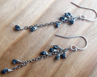 Raw Black Diamond Dangle Earrings: Sterling Silver April Birthstone