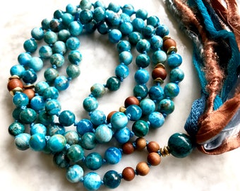 108 MALA BEADS, Sandalwood Mala Beads, Apatite Necklace, Sari Tassel Necklace Boho Throat Chakra Yoga Jewelry Meditation Prayer Beads