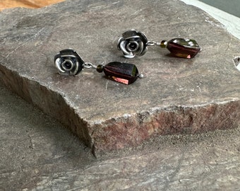 Pink Tourmaline Dangle Earrings * Thai Silver Lotus Flower Posts * October Birthstone * Gift for Women