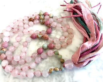 ROSE QUARTZ Tassel Necklace 108 Mala Beads Heart Chakra Yoga & Meditation Gift Healing Crystals