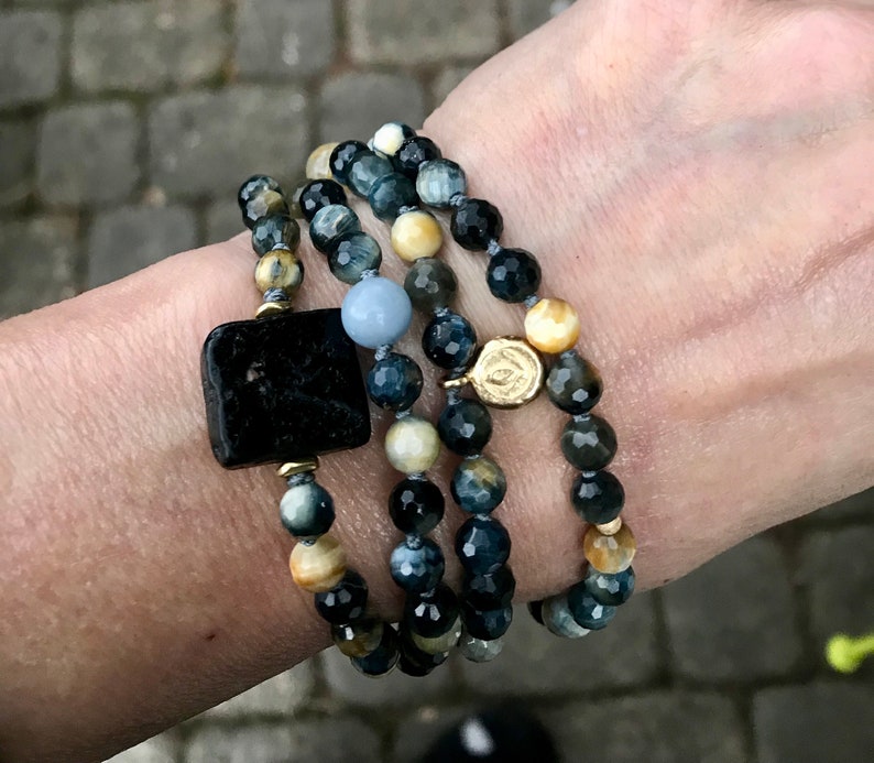 Black Tourmaline Mala Bracelet with Golden Blue Tiger Eye and Rutilated Quartz for Grounding and Peace of Mind