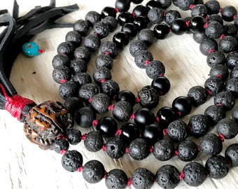 Black Lava Mala Beads Onyx Mala Collar Boho Gift Kabbalah Jewelry Difusor Beads Rudraksha Red String Protection Beads
