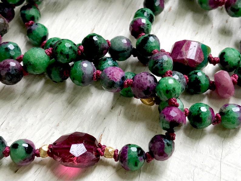 Heart Chakra Healing Gemstones Yoga Beads Pink Tourmaline Mala Necklace Ruby Zoisite Beaded Bracelet Ruby Infinity Necklace