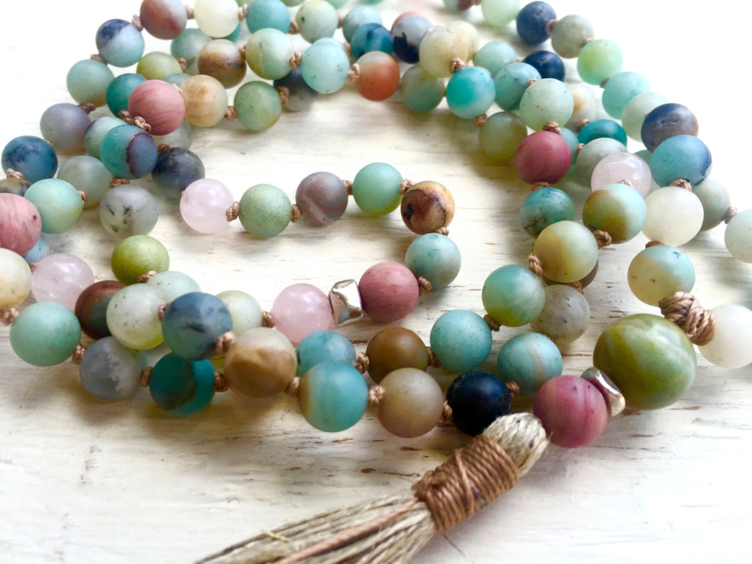 Mini Mala Beads Mint Amazonite /& Rose Quartz 27 Prayer Beads Knotted Coral Tassel Heart Chakra Yoga Meditation Moss Agate Guru