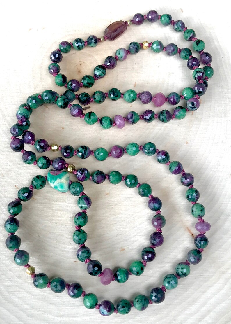 Heart Chakra Healing Gemstones Yoga Beads Pink Tourmaline Mala Necklace Ruby Zoisite Beaded Bracelet Ruby Infinity Necklace