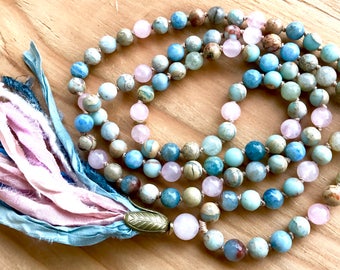 INNER GUIDANCE MALA Beads, Aquamarine Mala Necklace, Rose Quartz, African Opal, Yoga Jewelry, Meditation Beads, Healing Gemstones Yoga Gift