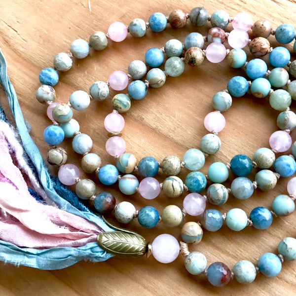 INNER GUIDANCE MALA Beads, Aquamarine Mala Necklace, Rose Quartz, African Opal, Yoga Jewelry, Meditation Beads, Healing Gemstones Yoga Gift