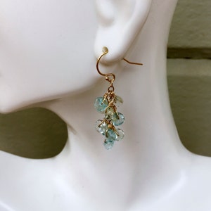 May include: Gold dangle earrings with light blue and green gemstone beads.