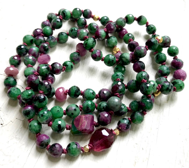 Heart Chakra Healing Gemstones Yoga Beads Pink Tourmaline Mala Necklace Ruby Zoisite Beaded Bracelet Ruby Infinity Necklace