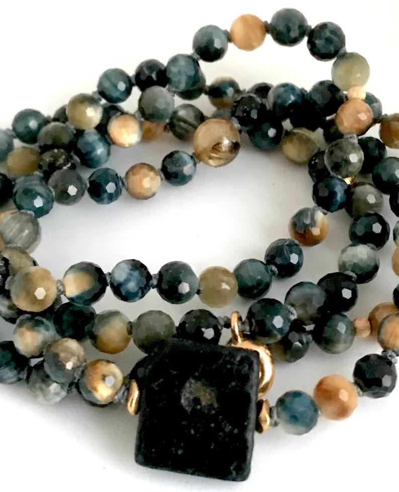 Black Tourmaline Mala Bracelet with Golden Blue Tiger Eye and Rutilated Quartz for Grounding and Peace of Mind