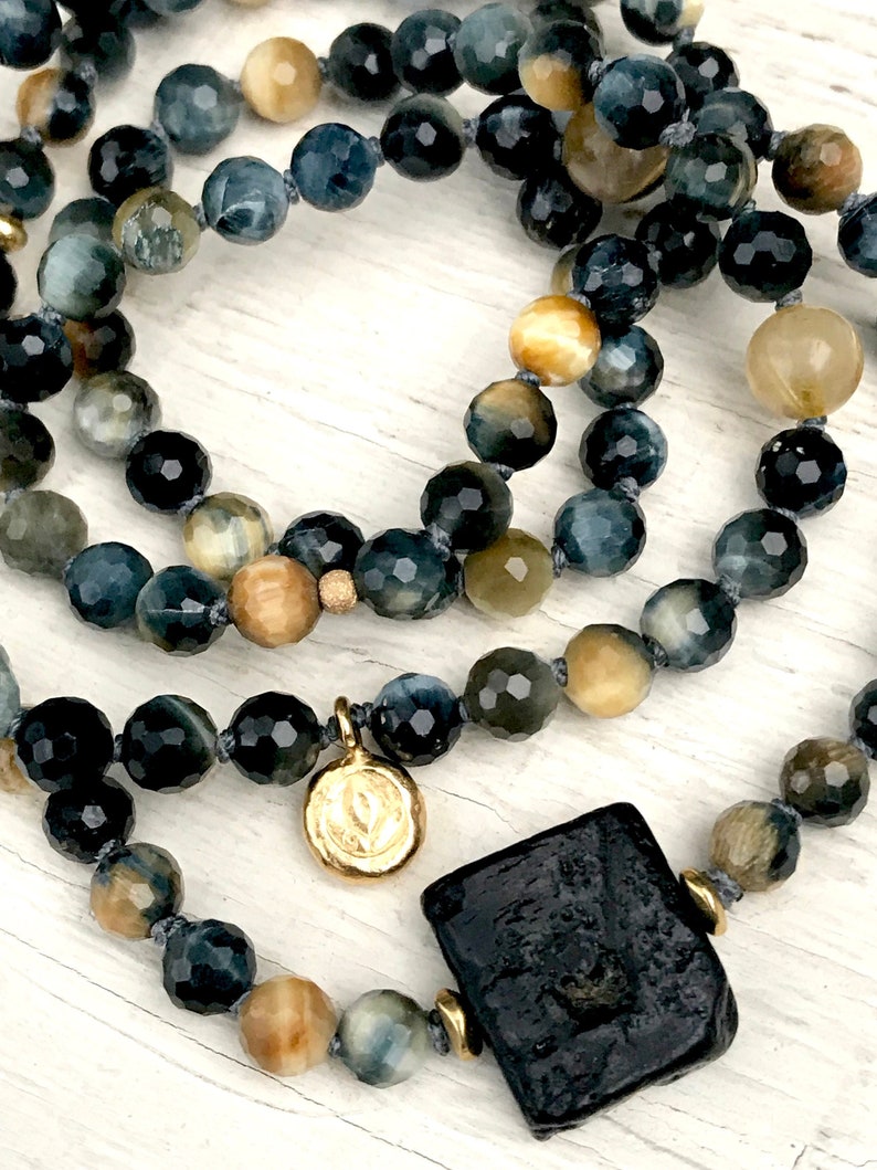 Black Tourmaline Mala Bracelet with Golden Blue Tiger Eye and Rutilated Quartz for Grounding and Peace of Mind